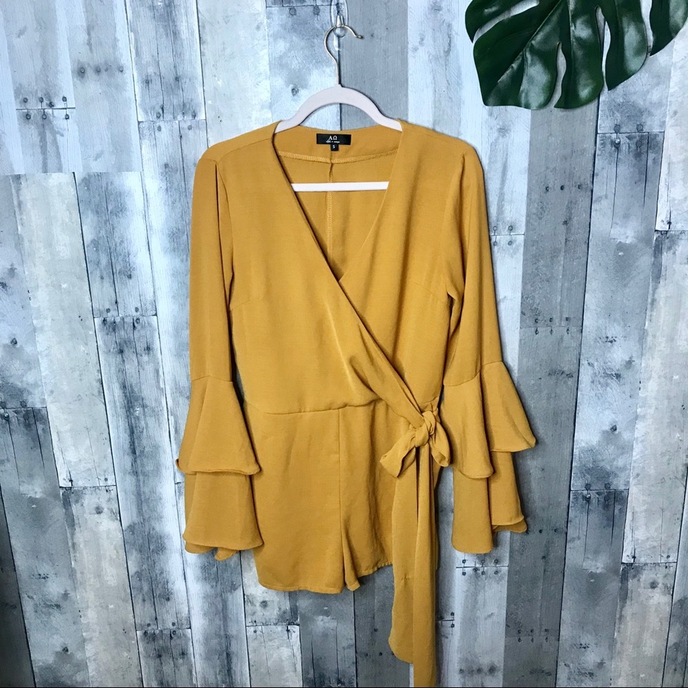 Alpha and Omega Mustard Wrap Romper